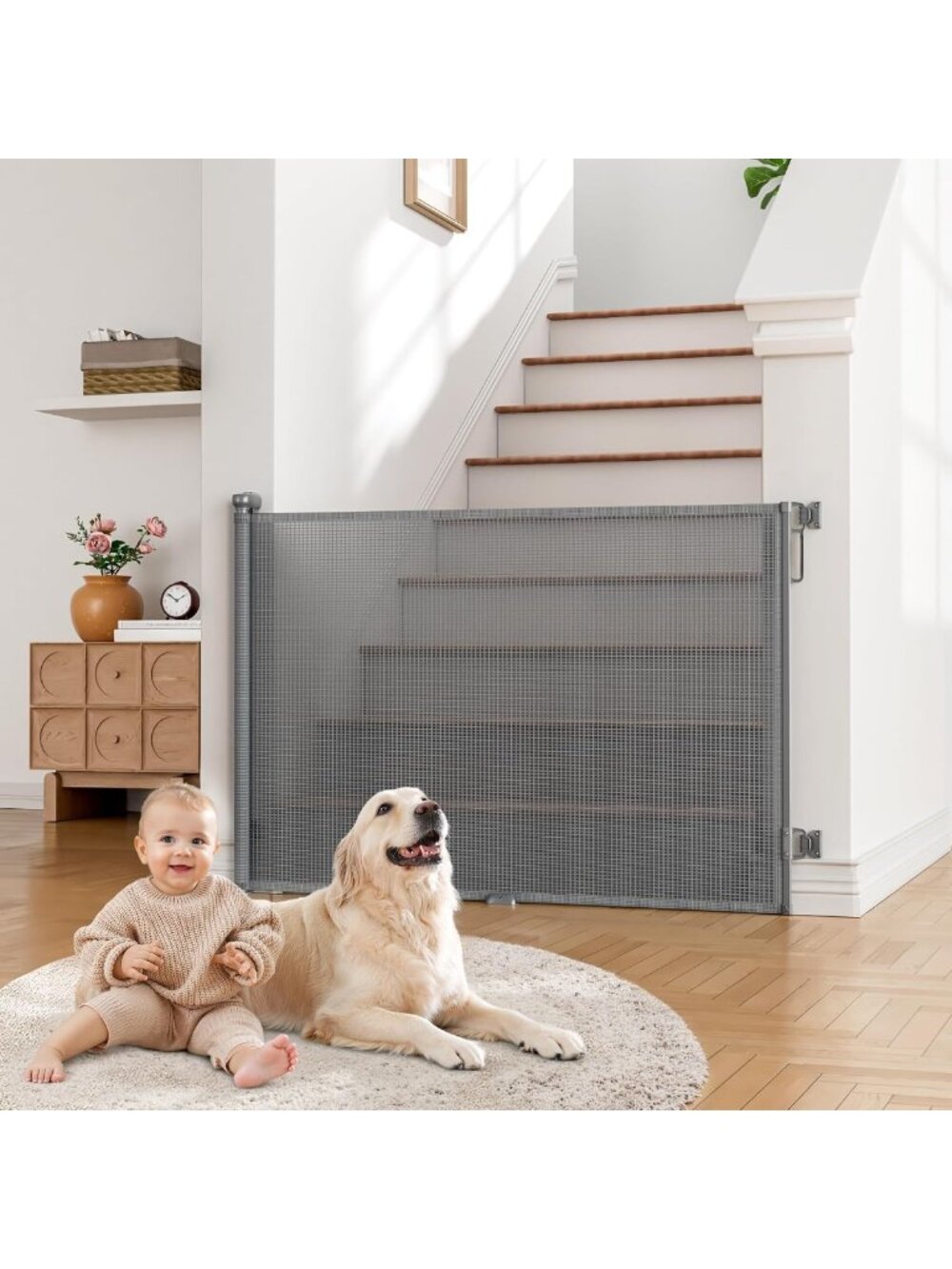 Retractable Baby Gate & Dog Gate for Stairs - 55" Wide x 34" Tall, Gray Safety